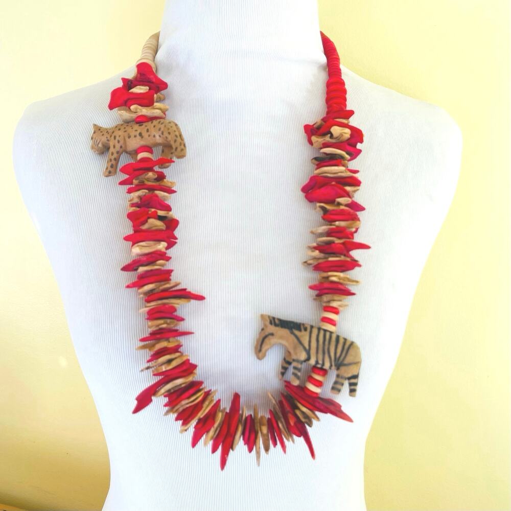 Artisan Safari Wood Carved Wood Cheetah Zebra Disc Necklace African Tribal Boho - Picture 3 of 11
